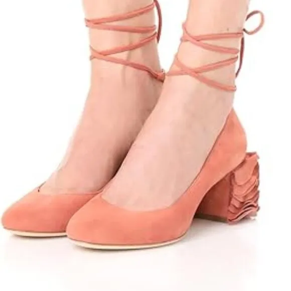 Loeffler Randall Dusty Rose Clea Ruffle Heel Suede Pumps 9