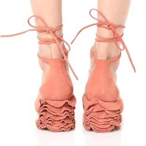 Loeffler Randall Dusty Rose Clea Ruffle Heel Suede Pumps 9
