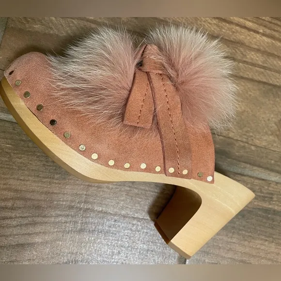 Loeffler Randall Phillips Fox Fur Mule Clog Suede Pink Mauve 35 5 4.5 NEW