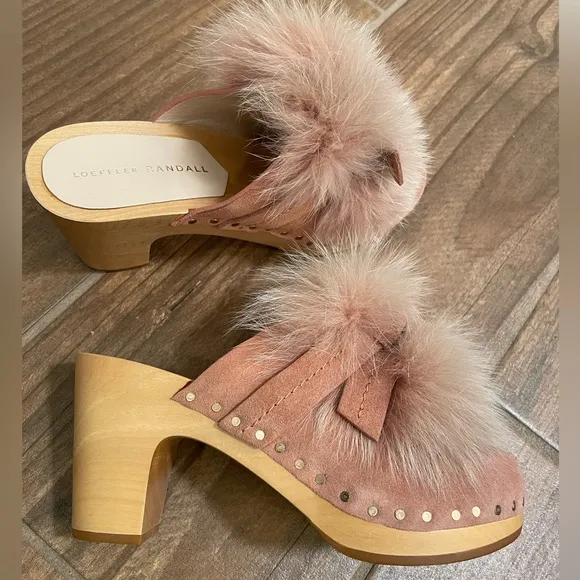 Loeffler Randall Phillips Fox Fur Mule Clog Suede Pink Mauve 35 5 4.5 NEW