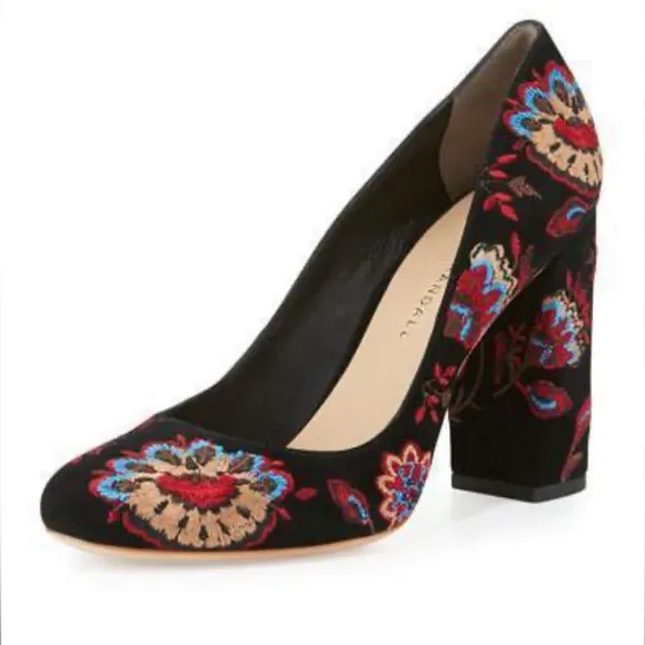 Loeffler Randall Sydnee Black Floral Suede Embroidery High Block Heel Pumps Sz 6