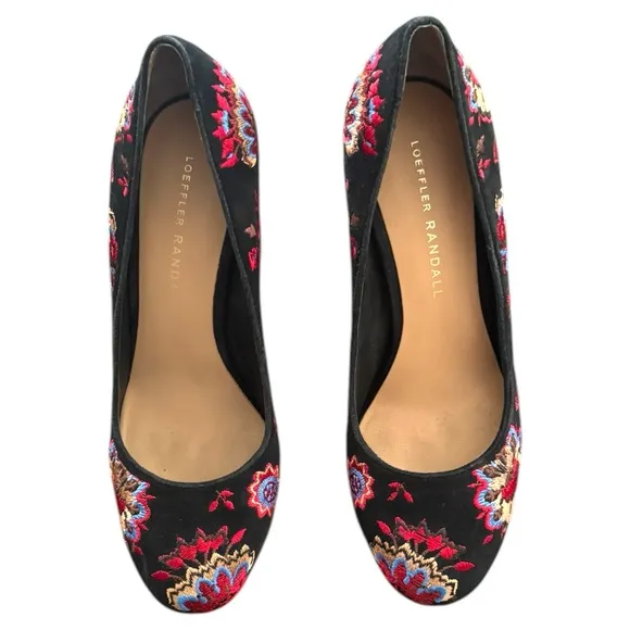 Loeffler Randall Sydnee Black Floral Suede Embroidery High Block Heel Pumps Sz 6