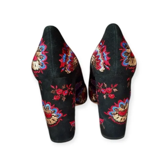 Loeffler Randall Sydnee Black Floral Suede Embroidery High Block Heel Pumps Sz 6