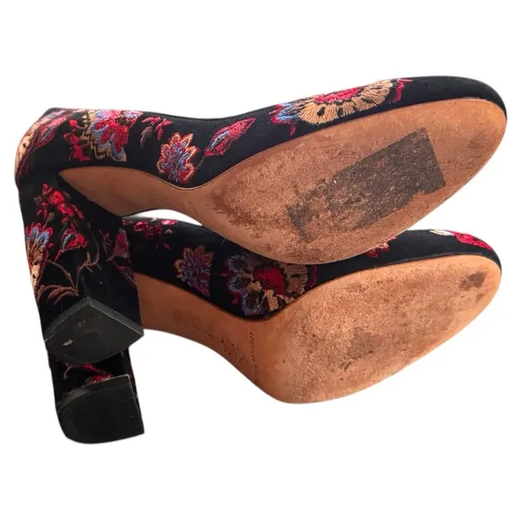 Loeffler Randall Sydnee Black Floral Suede Embroidery High Block Heel Pumps Sz 6