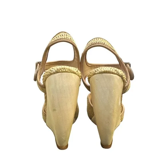 Loeffler Randall Vintage Woven Straw &amp; Leather Peep-Toe Valentine Wedge Heels