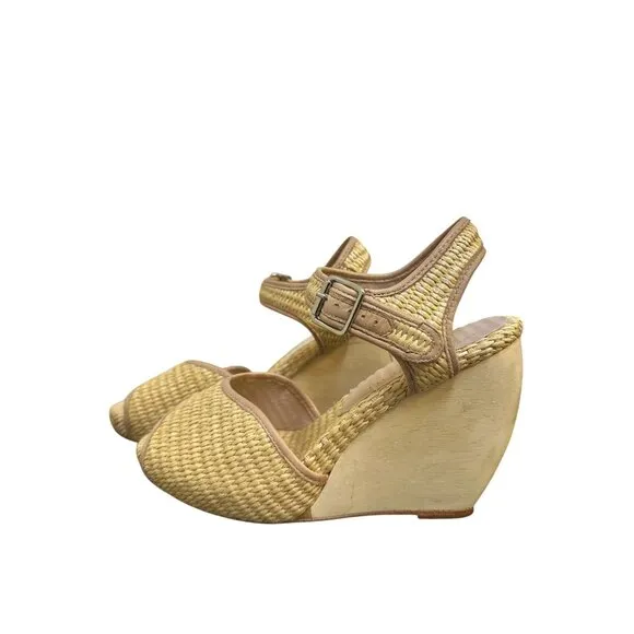Loeffler Randall Vintage Woven Straw &amp; Leather Peep-Toe Valentine Wedge Heels
