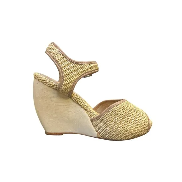 Loeffler Randall Vintage Woven Straw &amp; Leather Peep-Toe Valentine Wedge Heels