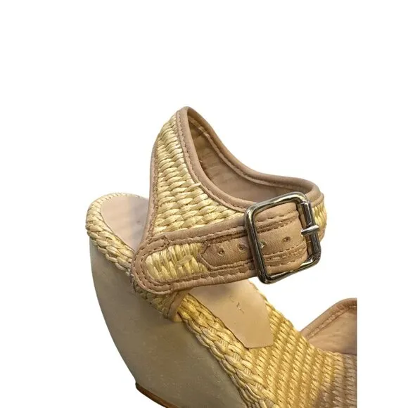Loeffler Randall Vintage Woven Straw &amp; Leather Peep-Toe Valentine Wedge Heels