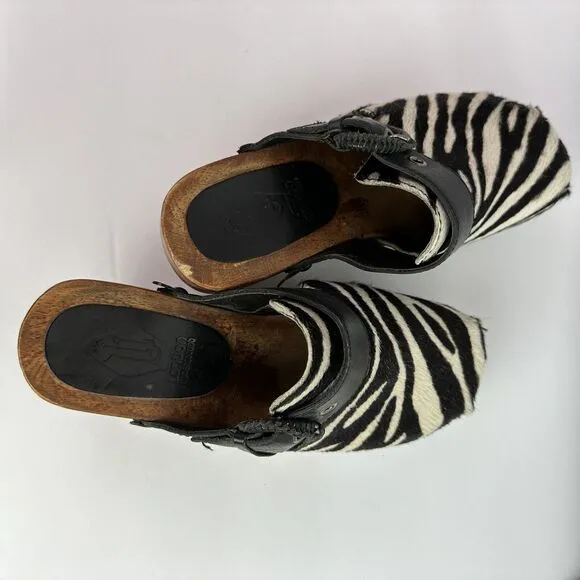 London Underground Clogs Calf Hair Zebra Print Slip On Mules EU 35 US 4-4.5