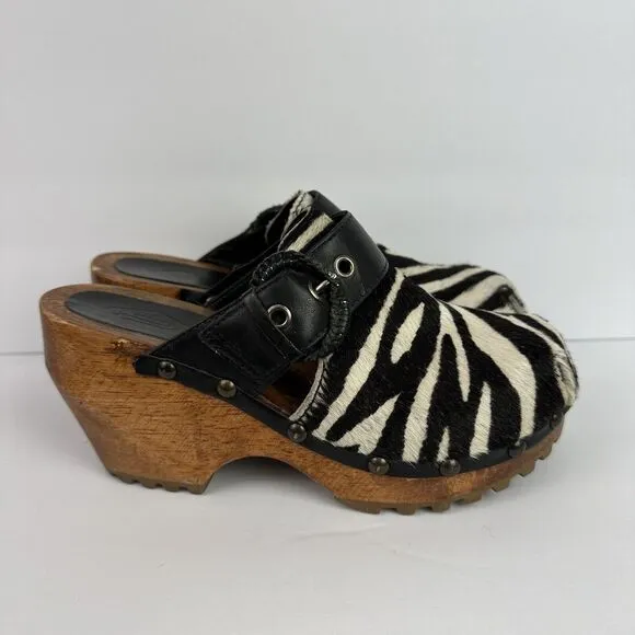 London Underground Clogs Calf Hair Zebra Print Slip On Mules EU 35 US 4-4.5