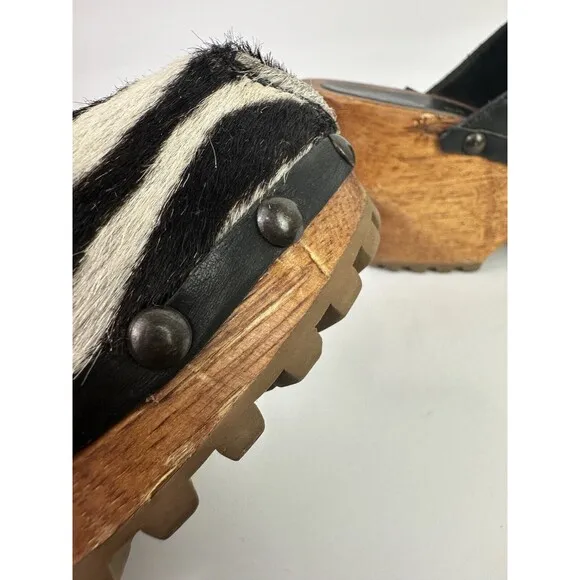 London Underground Clogs Calf Hair Zebra Print Slip On Mules EU 35 US 4-4.5