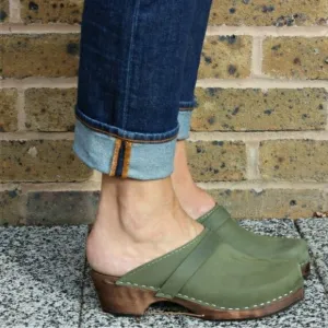 LOTTA FROM STOCKHOLM green clog mules, wooden, handmade, Nubuck leather, size 38