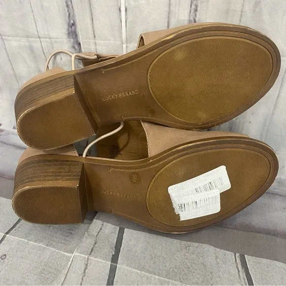 Lucky Brand Big Girl Size 5M 5 Brown Leather Slip On Heels Open Toe Tan Beige