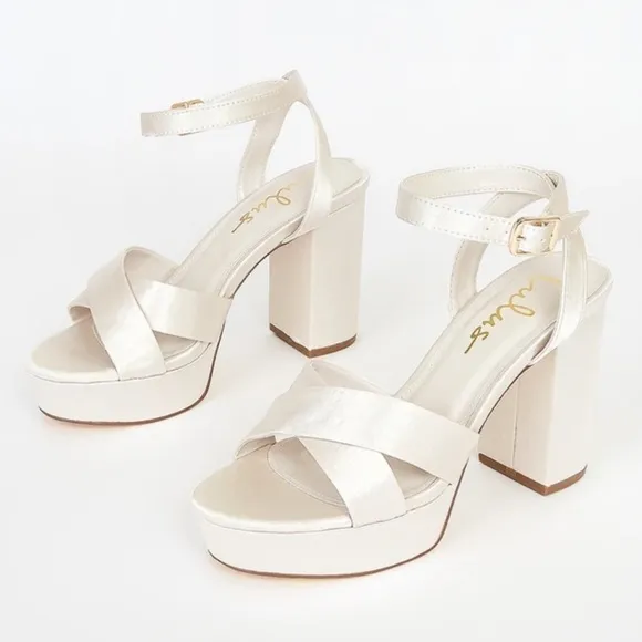 Lulus Selah Champagne Satin Ankle Strap Heels Sz 11