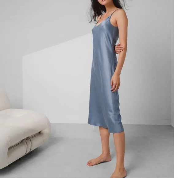 LUNYA BNWT Washable Silk Bias Slip Dress in Pastoral Blue Size M