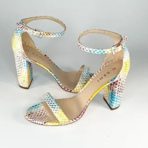 M. Gemi Embossed Leather Strap Block Heels Blue Brown Yellow 9 / 39.5