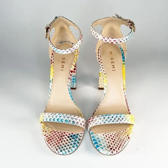 M. Gemi Embossed Leather Strap Block Heels Blue Brown Yellow 9 / 39.5