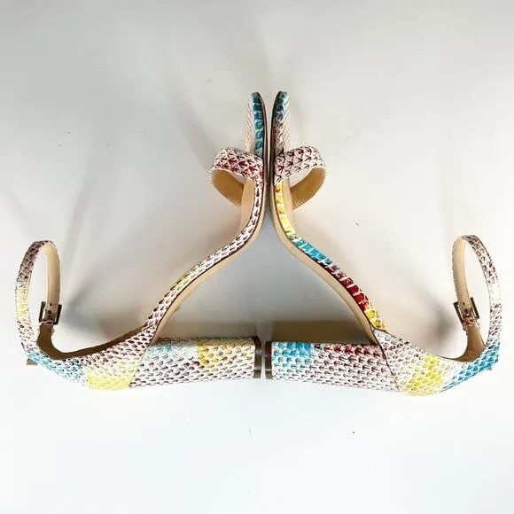 M. Gemi Embossed Leather Strap Block Heels Blue Brown Yellow 9 / 39.5