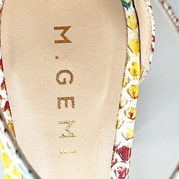 M. Gemi Embossed Leather Strap Block Heels Blue Brown Yellow 9 / 39.5