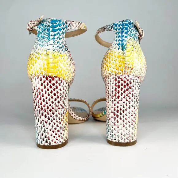 M. Gemi Embossed Leather Strap Block Heels Blue Brown Yellow 9 / 39.5