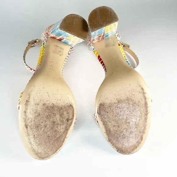 M. Gemi Embossed Leather Strap Block Heels Blue Brown Yellow 9 / 39.5