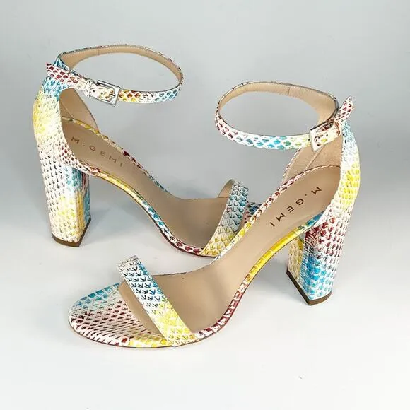 M. Gemi Embossed Leather Strap Block Heels Blue Brown Yellow 9 / 39.5