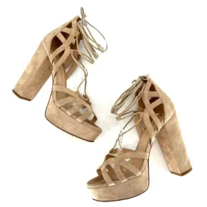 M. GEMI Lace Up Sandal Strappy Suede Leather Chunky Heels Open Toe Size (38.5) 8