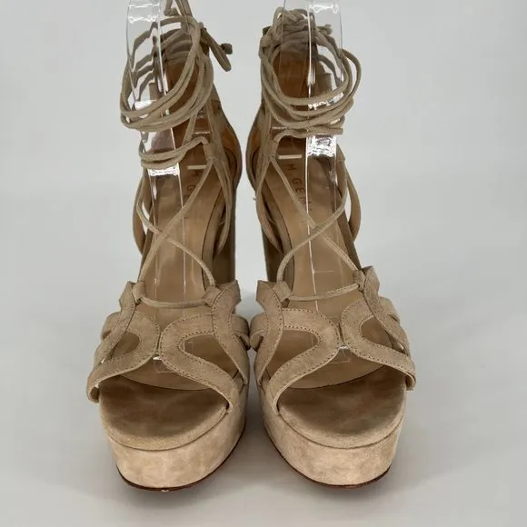 M. GEMI Lace Up Sandal Strappy Suede Leather Chunky Heels Open Toe Size (38.5) 8