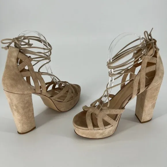 M. GEMI Lace Up Sandal Strappy Suede Leather Chunky Heels Open Toe Size (38.5) 8
