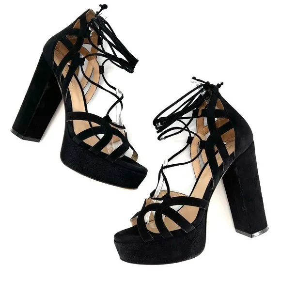 M. GEMI Lace Up Sandal Strappy Suede Leather Chunky Heels Open Toe Size …