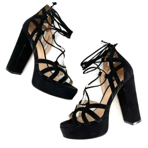 M. GEMI Lace Up Sandal Strappy Suede Leather Chunky Heels Open Toe Size …