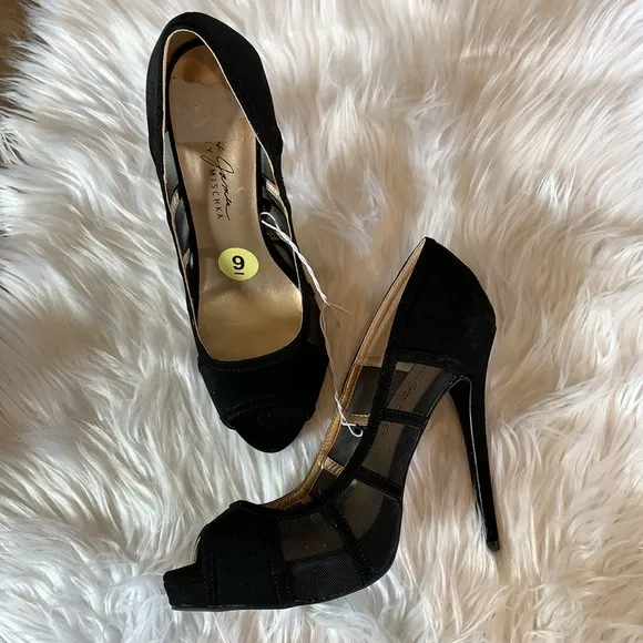 Mack &amp; James Badgley Mischka Black Heels Size 9 Open Toe Lace Stilleto Pumps