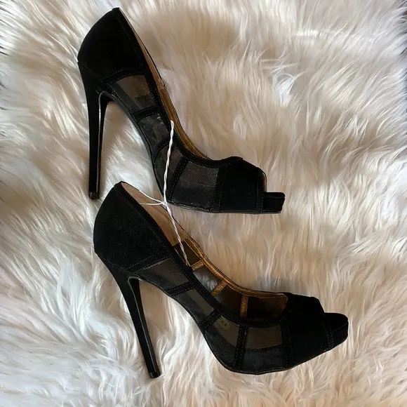 Mack &amp; James Badgley Mischka Black Heels Size 9 Open Toe Lace Stilleto Pumps