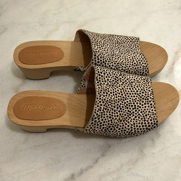 Madewell The Evelyn Slide Wood Clog Slides in Spotted Calf Hair New Size 6.5