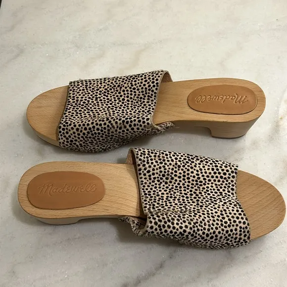 Madewell The Evelyn Slide Wood Clog Slides in Spotted Calf Hair New Size 6.5