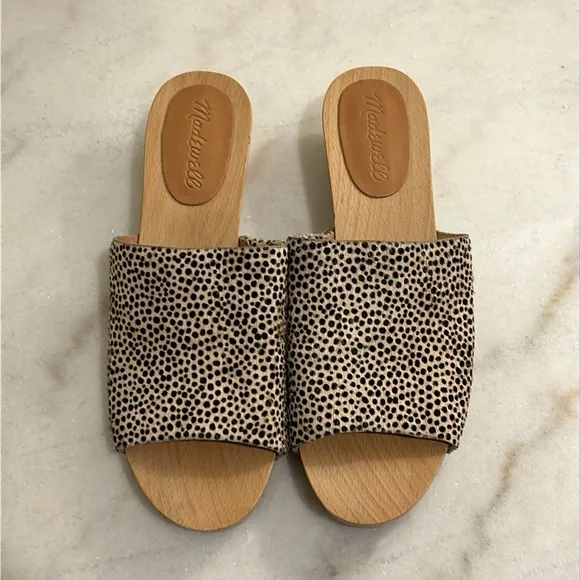 Madewell The Evelyn Slide Wood Clog Slides in Spotted Calf Hair New Size 6.5