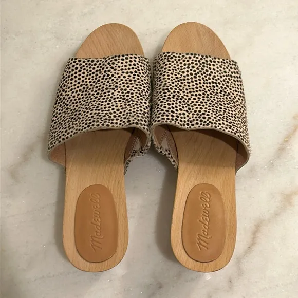 Madewell The Evelyn Slide Wood Clog Slides in Spotted Calf Hair New Size 6.5