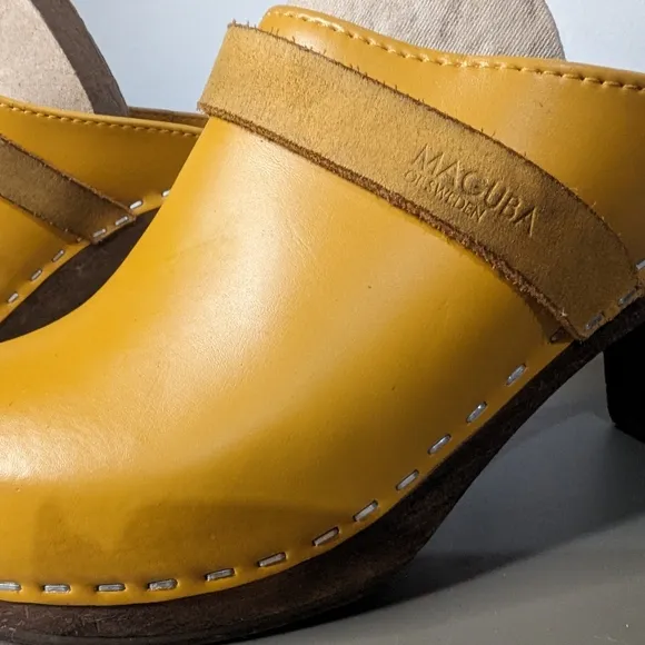 Maguba Sweden 39 sunny yellow leather 2.5&quot; heeled wood sole clog mule slides