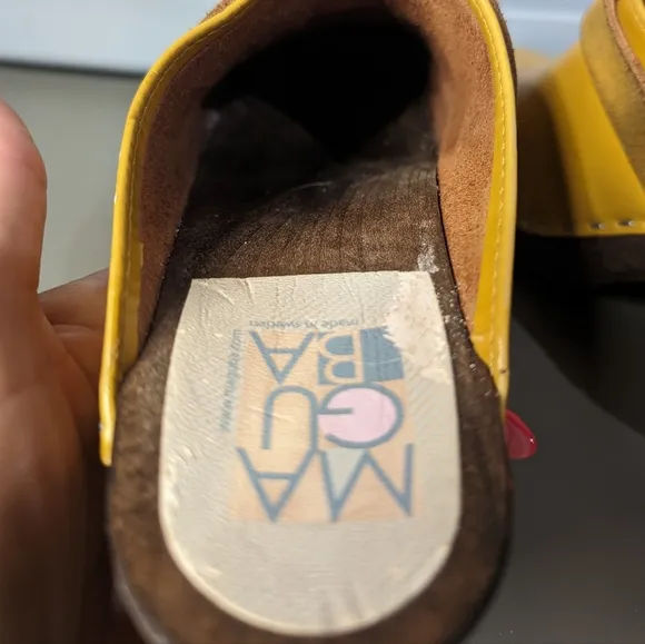 Maguba Sweden 39 sunny yellow leather 2.5&quot; heeled wood sole clog mule slides