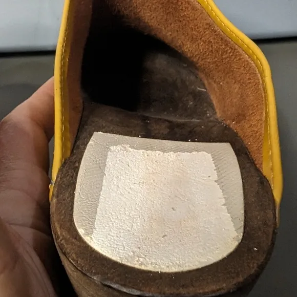 Maguba Sweden 39 sunny yellow leather 2.5&quot; heeled wood sole clog mule slides