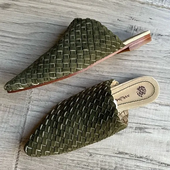 Maliparmi Woven Leather Mule Slides Pointed Toe Leather Sole Olive Green SZ 8