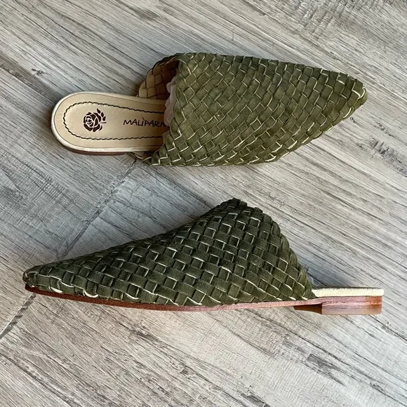 Maliparmi Woven Leather Mule Slides Pointed Toe Leather Sole Olive Green SZ 8