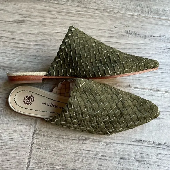Maliparmi Woven Leather Mule Slides Pointed Toe Leather Sole Olive Green SZ 8