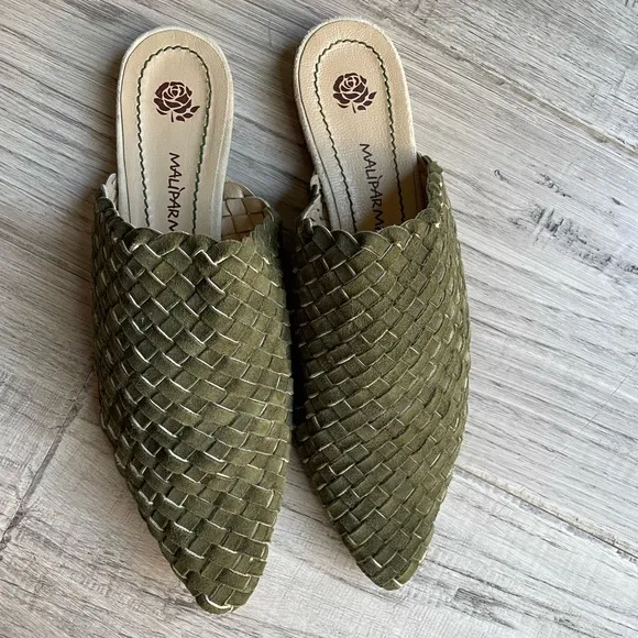 Maliparmi Woven Leather Mule Slides Pointed Toe Leather Sole Olive Green SZ 8