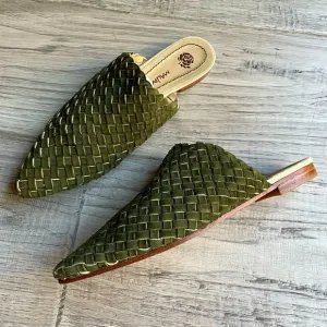 Maliparmi Woven Leather Mule Slides Pointed Toe Leather Sole Olive Green SZ 8