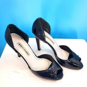 Manolo Blahnik black patent leather open toe pumps 39.5