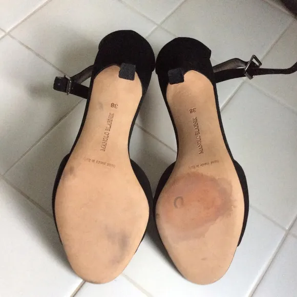 MANOLO BLAHNIK Black Suede Open Toe Ankle Strap Heels