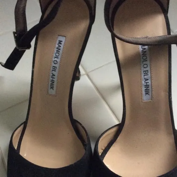 MANOLO BLAHNIK Black Suede Open Toe Ankle Strap Heels