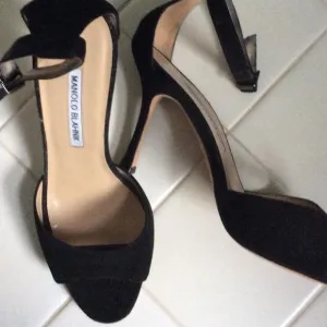 MANOLO BLAHNIK Black Suede Open Toe Ankle Strap Heels