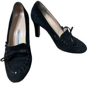 Manolo Blahnik black suede whipstitched tassel heels Size 38.5 8.5